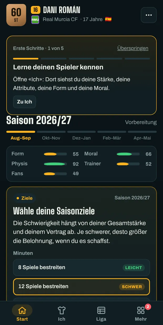Karrierebildschirm mit der laufenden Saison