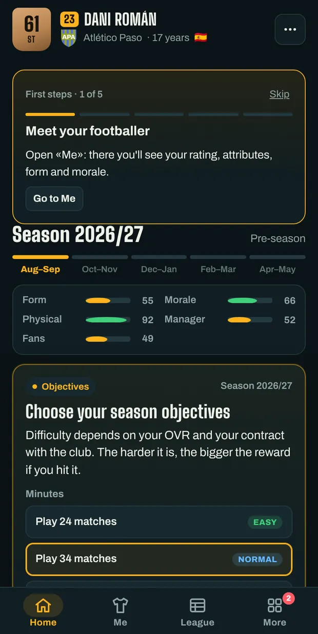 Career screen with the current season