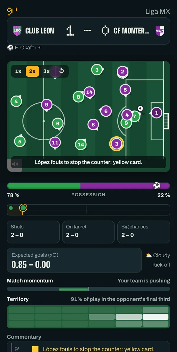 Live match with the 2D pitch, the scoreboard and expected goals
