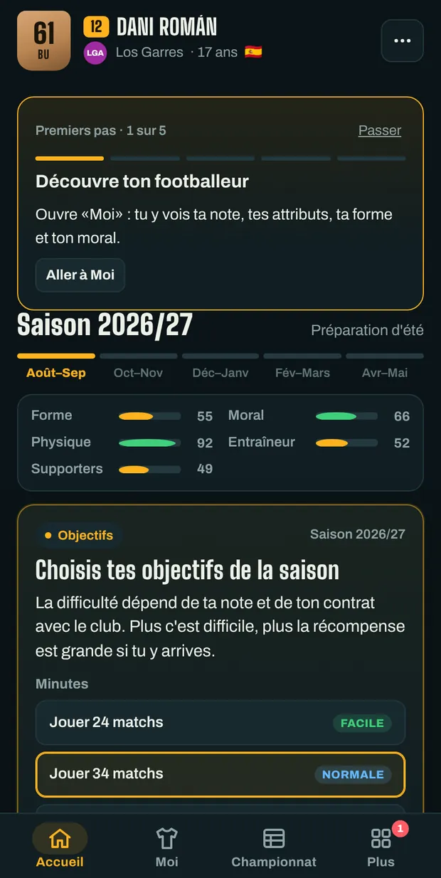 Écran de carrière avec la saison en cours