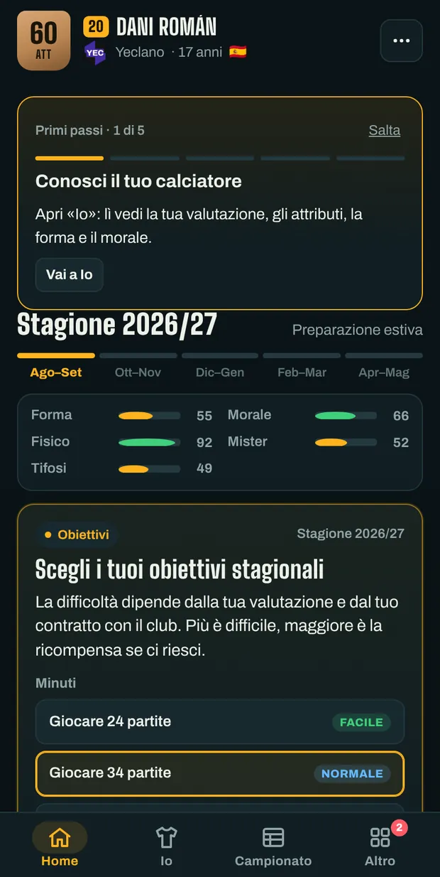 Schermata della carriera con la stagione in corso