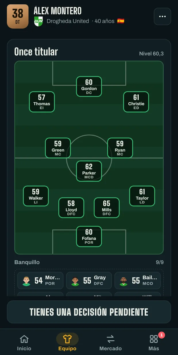 Plantilla del club con las caras de los jugadores y su estado físico